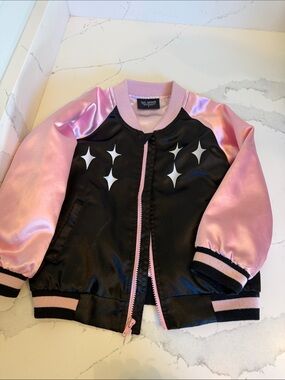 Tiny Whales Pink & Black Star Satin Bomber Jacket - Kids